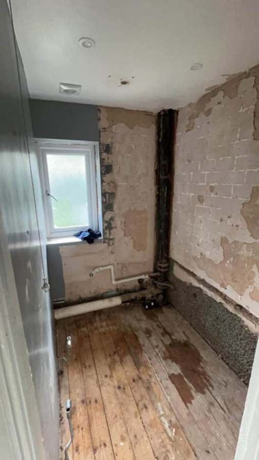 Before — Family bathroom — strip-out to finished walk-in shower
